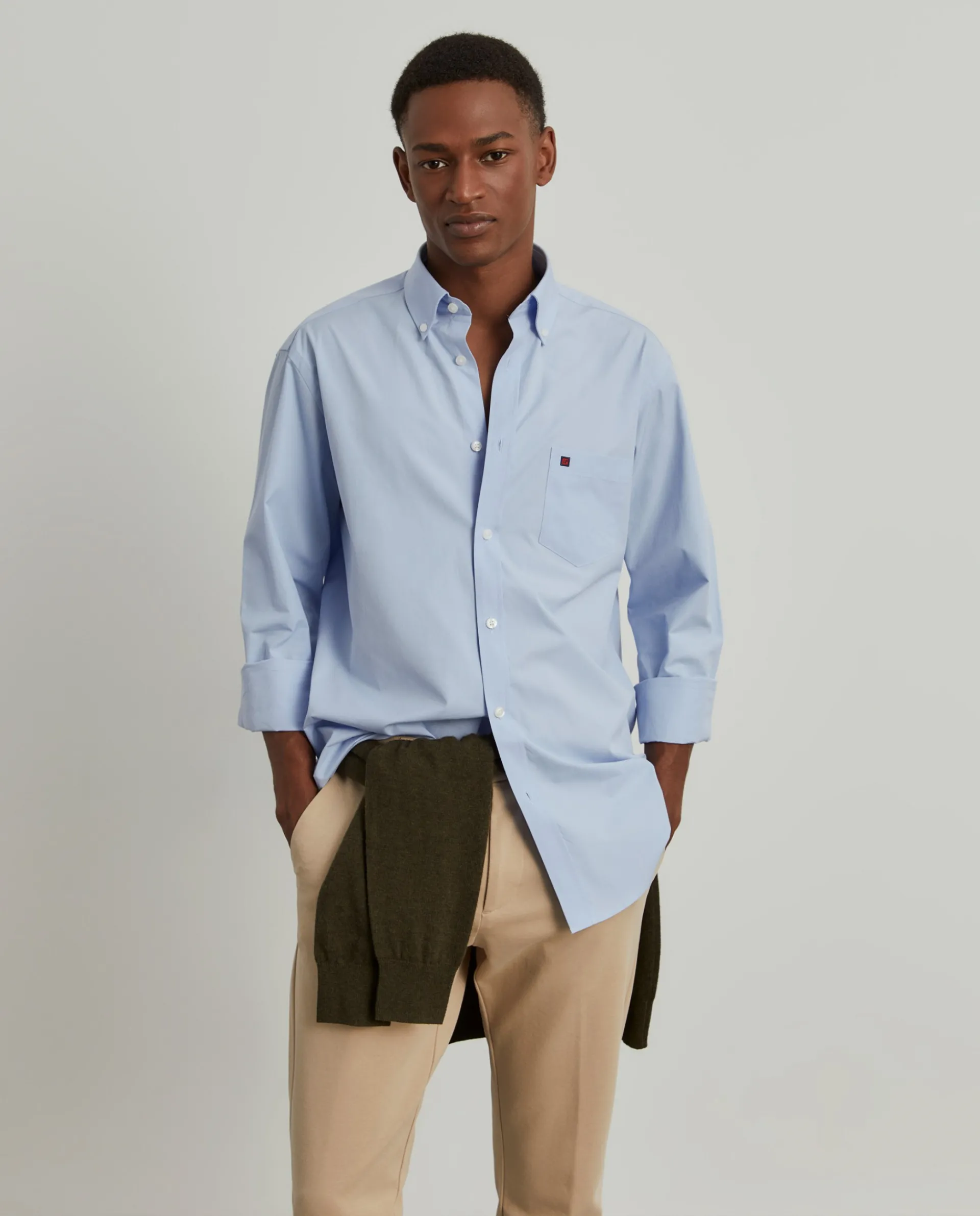 Fashion LION OF PORCHES Camisa regular fit de algodão em cor lisa 520 Azul Claro