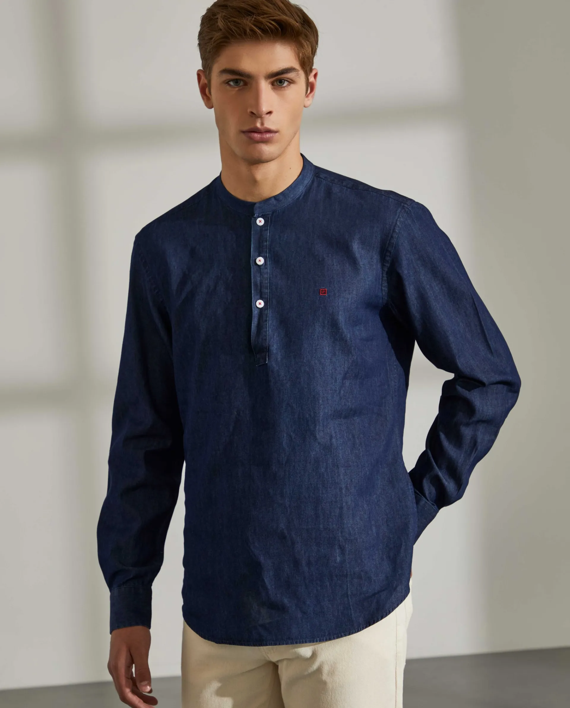 Best Sale LION OF PORCHES Camisa slim fit denim com carcela de polo 580 Azul Indigo