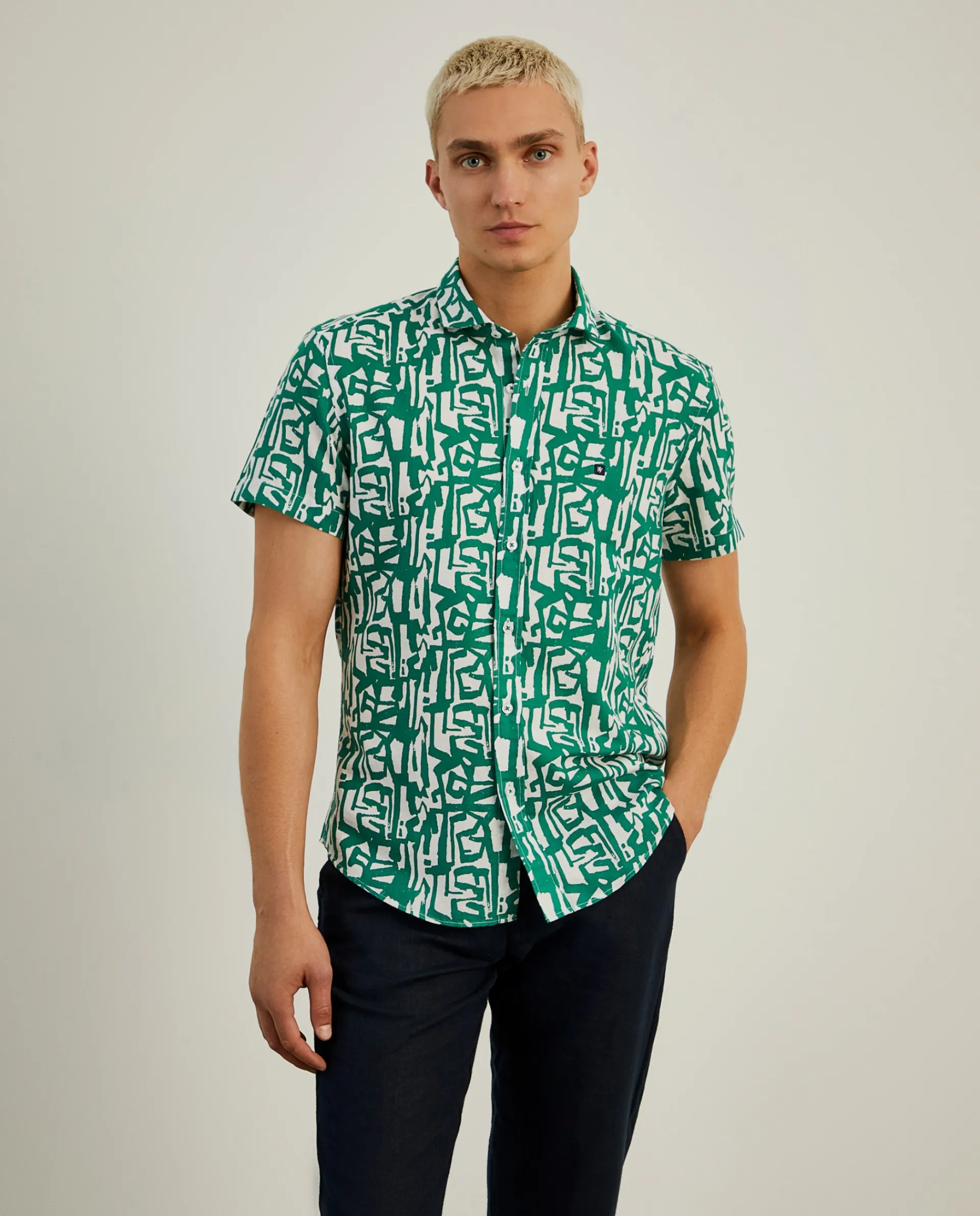 Best Sale LION OF PORCHES Camisa slim fit em linho com padrão all over 693 Verde Bandeira