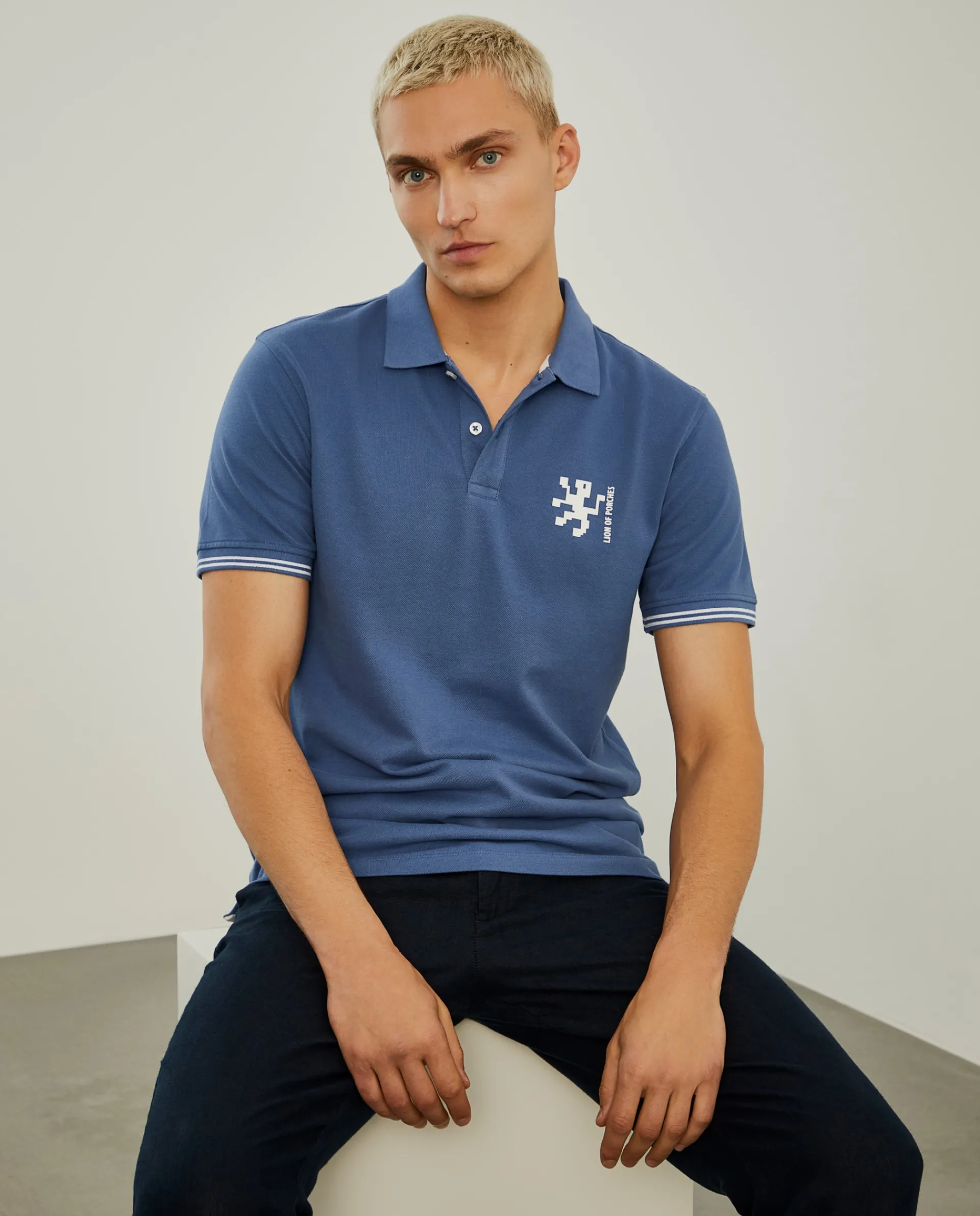 New LION OF PORCHES Polo piqué slim fit em algodão 563 Azul