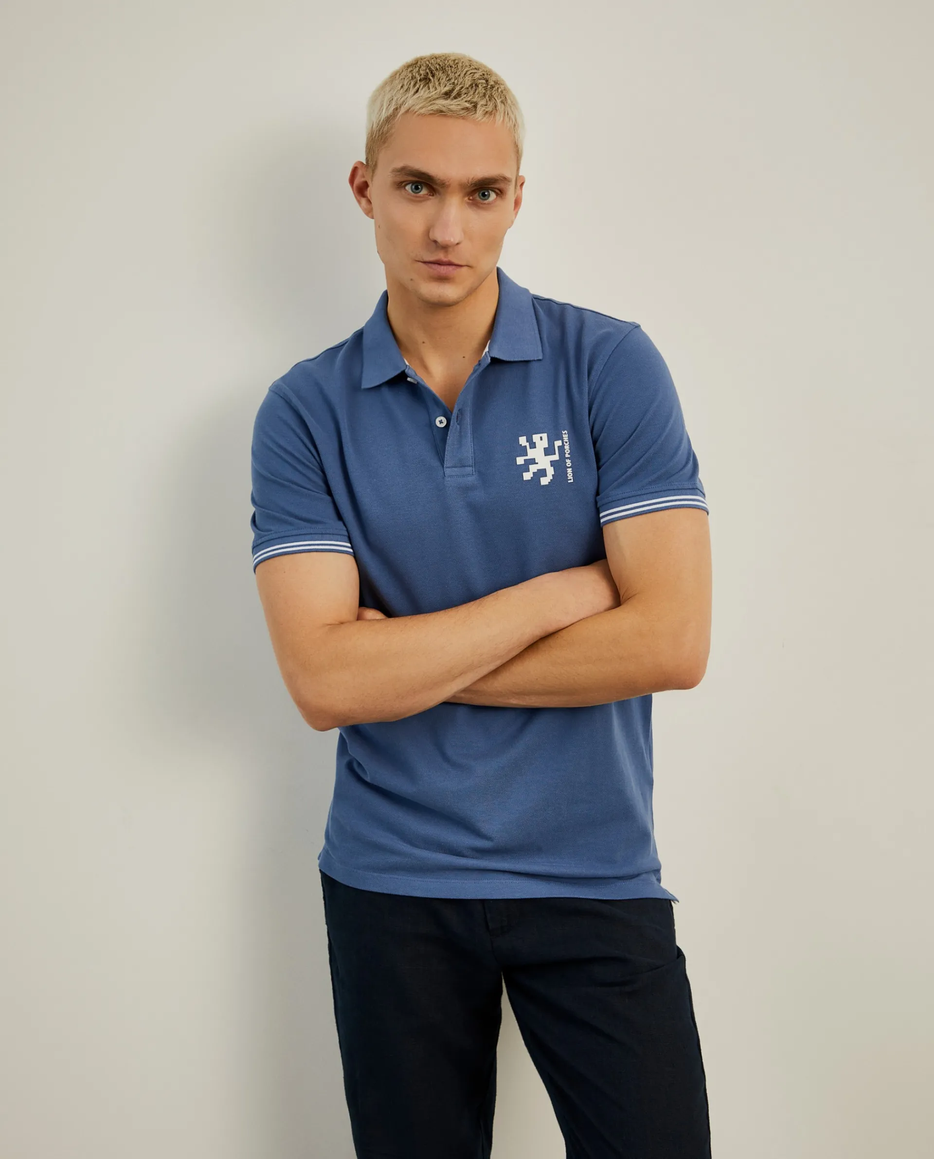 New LION OF PORCHES Polo piqué slim fit em algodão 563 Azul