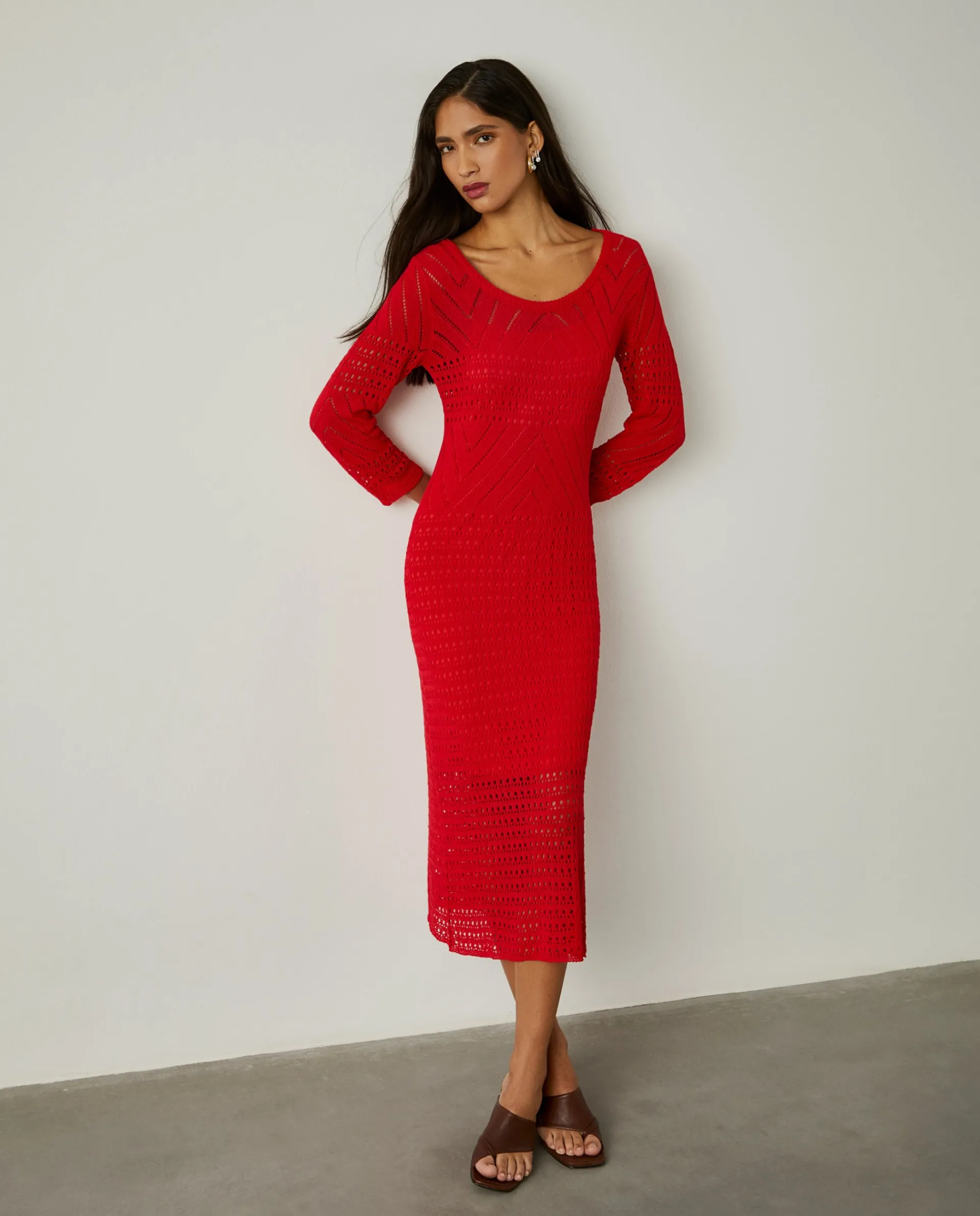 Shop LION OF PORCHES Vestido midi de malha aberta 350 Vermelho